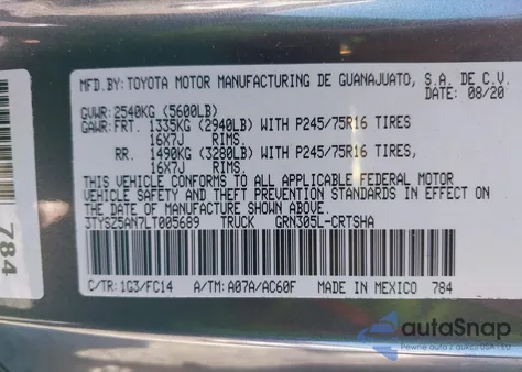 2020 Toyota Tacoma Sr5 V6 z USA, uszkodzony, nr VIN 3TYSZ5AN7LT005689